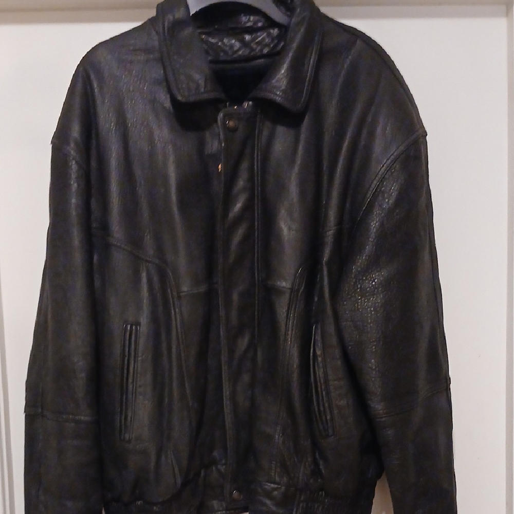 Black Leather Bomber Jacket with Fold-Down Collar